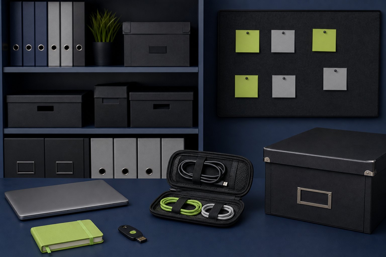 Orderly technology records workspace with archive boxes, folders, laptop, cables, and security key