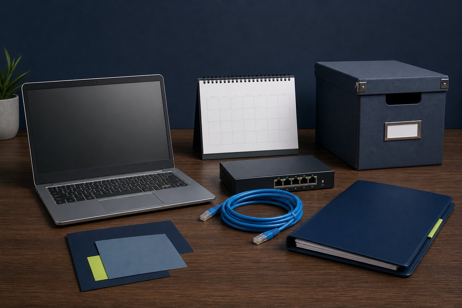 Technology service transition workspace with laptop, calendar, network appliance, cable, and project folder