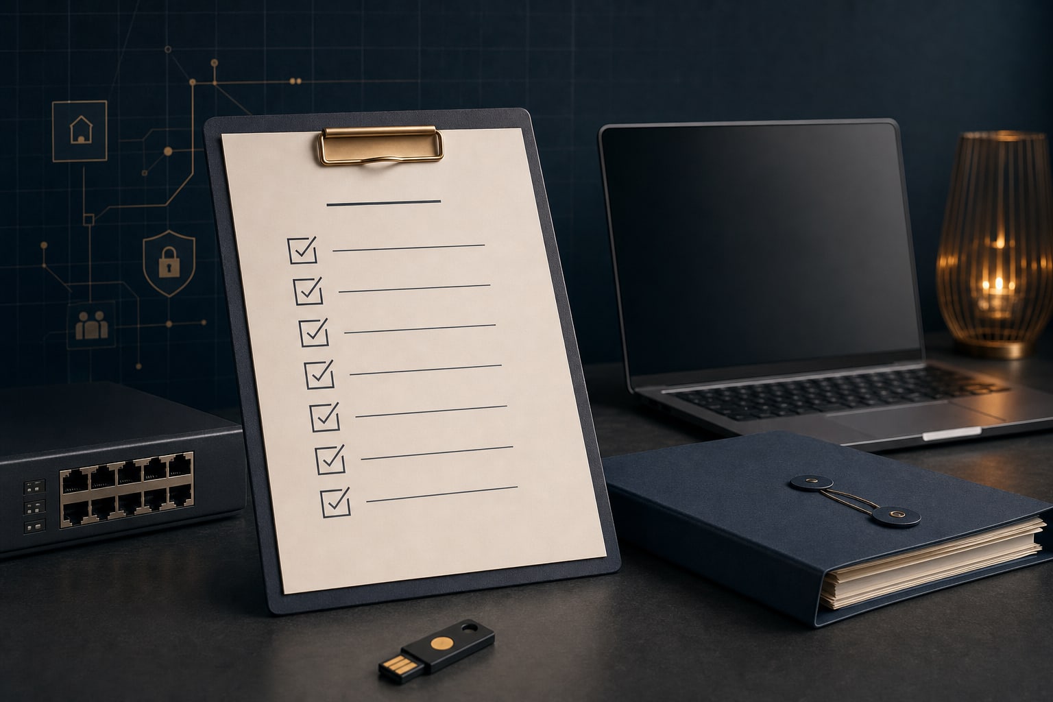 Vendor onboarding checklist beside a laptop, security key, contract folder, and network switch