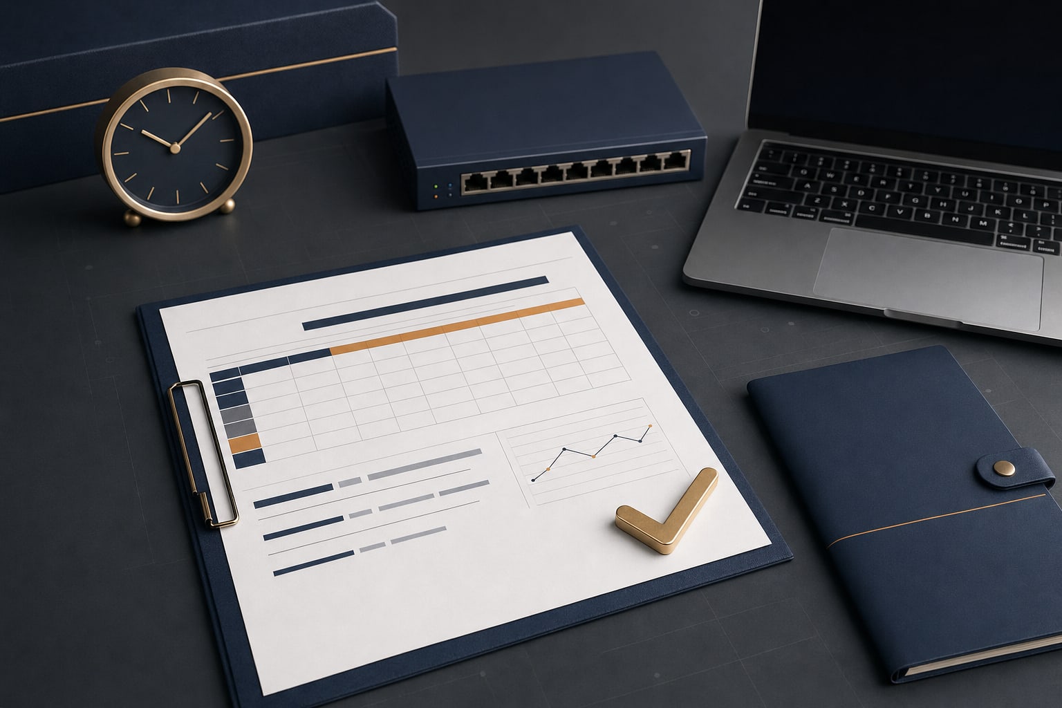 Vendor review workspace with scorecard, clock, laptop, and network switch