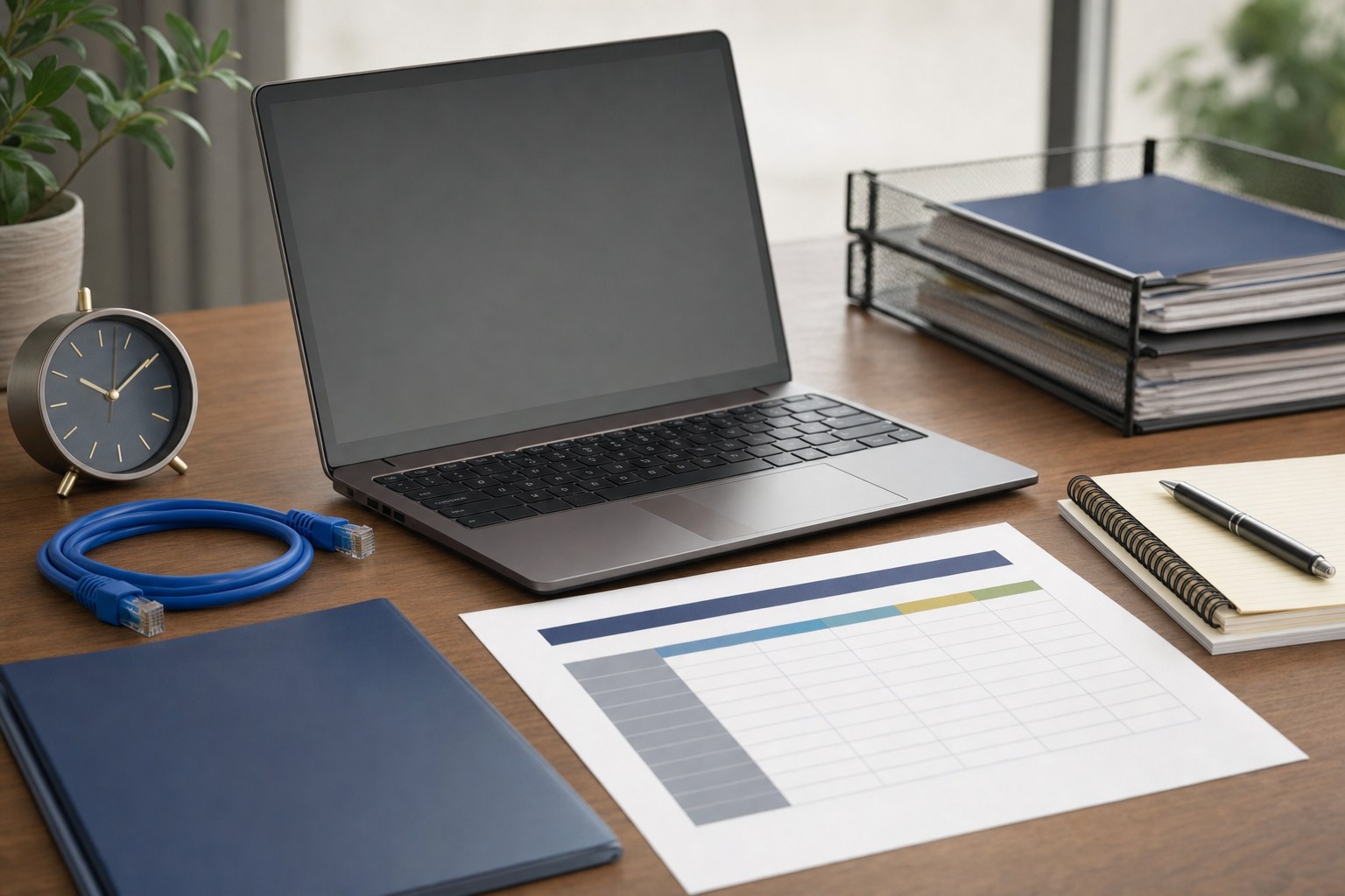 Technology vendor performance review workspace with scorecard, service folder, clock, and laptop
