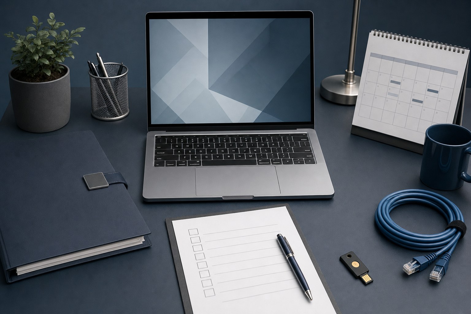 Technology vendor onboarding workspace with a laptop, calendar, checklist, security key, and network cable
