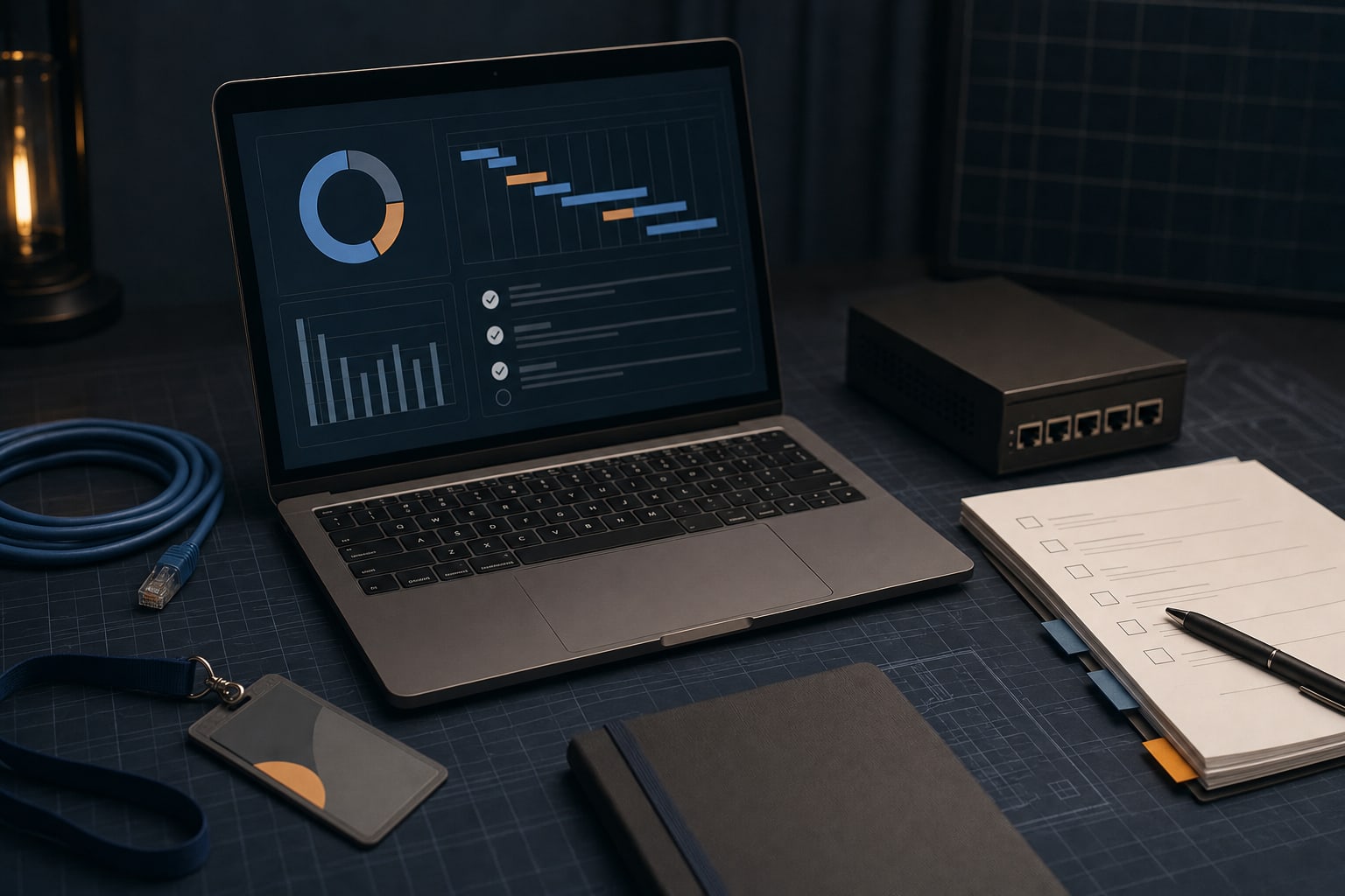 Technology vendor readiness workspace with a laptop dashboard, checklist, access badge, and network device