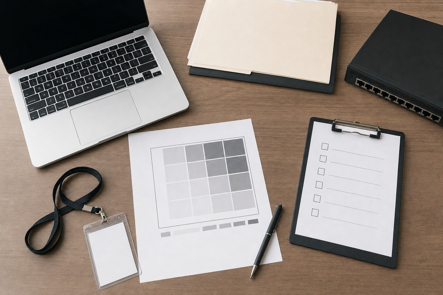 Technology supplier intake and risk review with a laptop, checklist, network switch, and access badge
