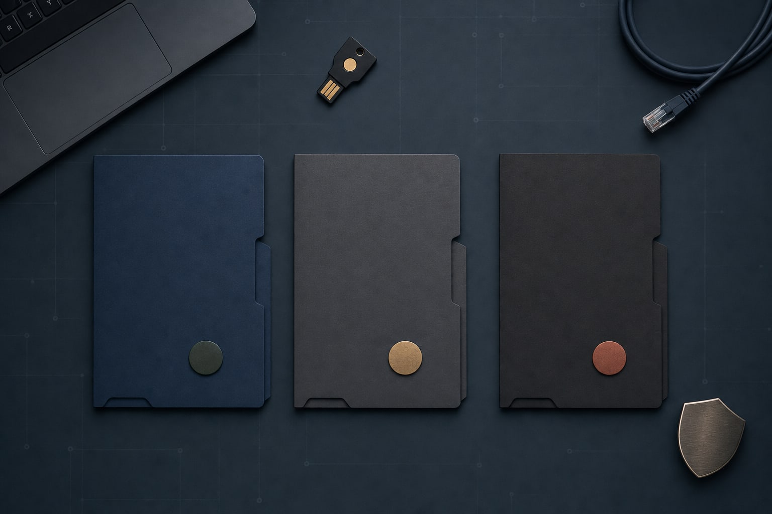 Three supplier review folders arranged for risk-based vendor onboarding