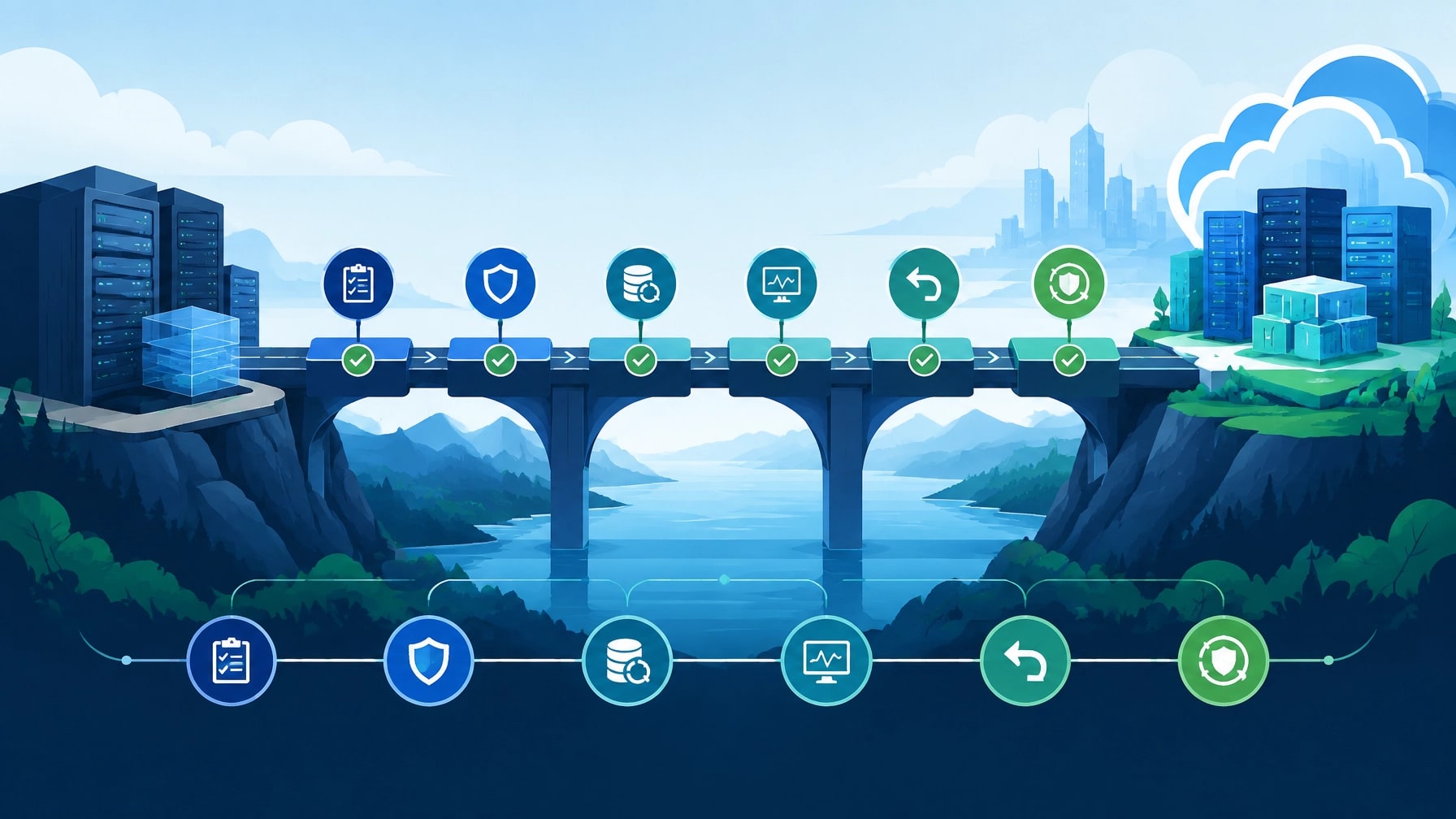 Phased infrastructure transition with migration checkpoints, testing, rollback, backup, and business continuity