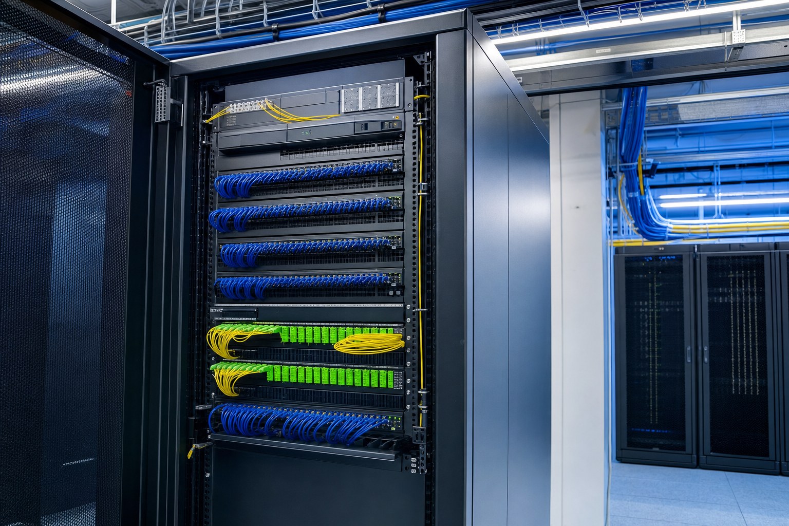 Enterprise network infrastructure with organized fiber and network equipment