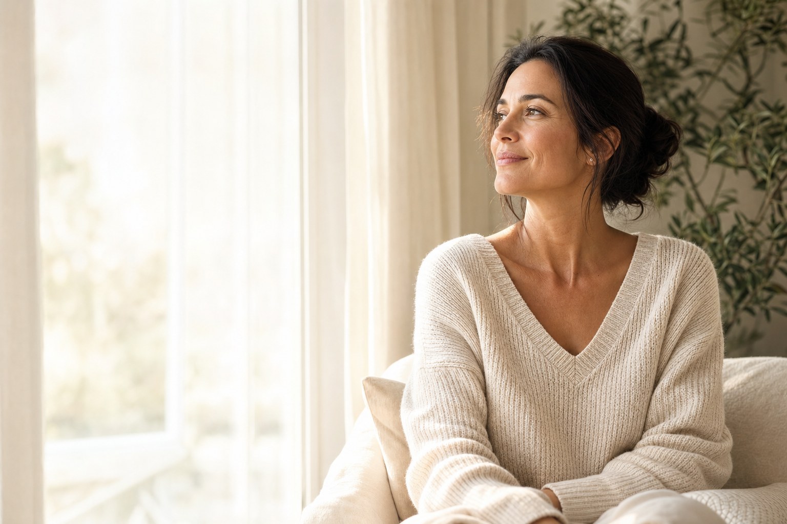 Woman seated beside a softly sunlit window