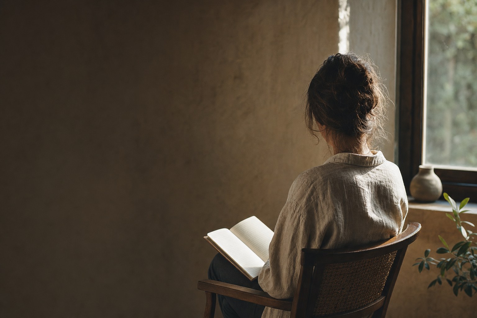 A person seated by a sunlit window with an open notebook