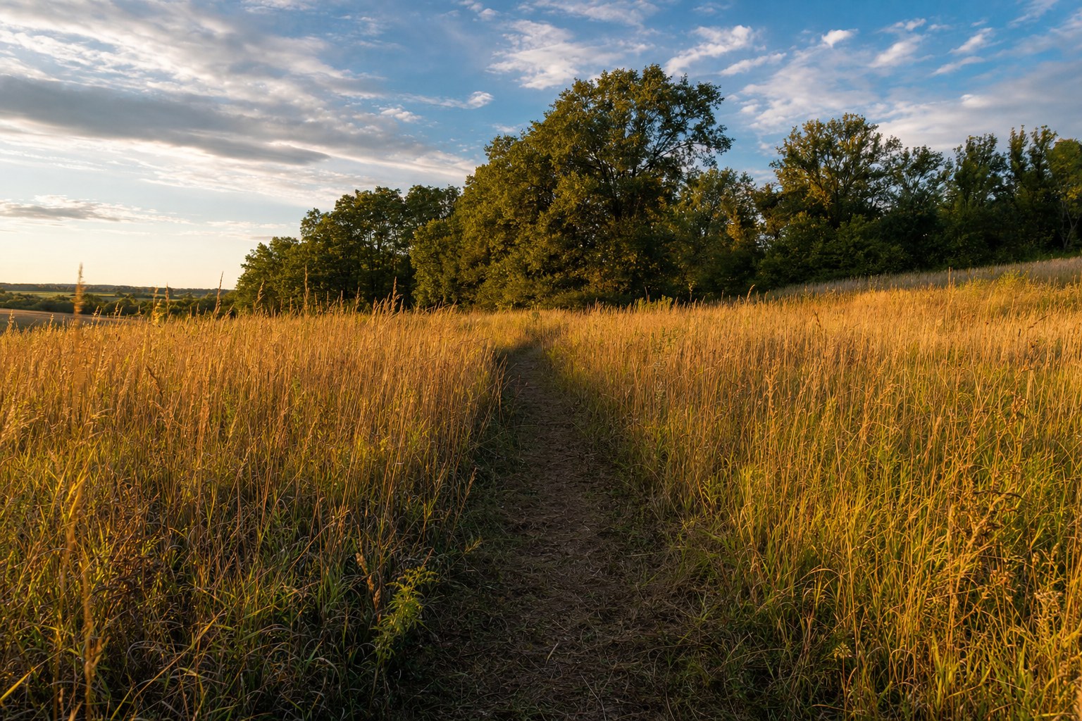 A narrow trail through tall golden grass leading toward trees