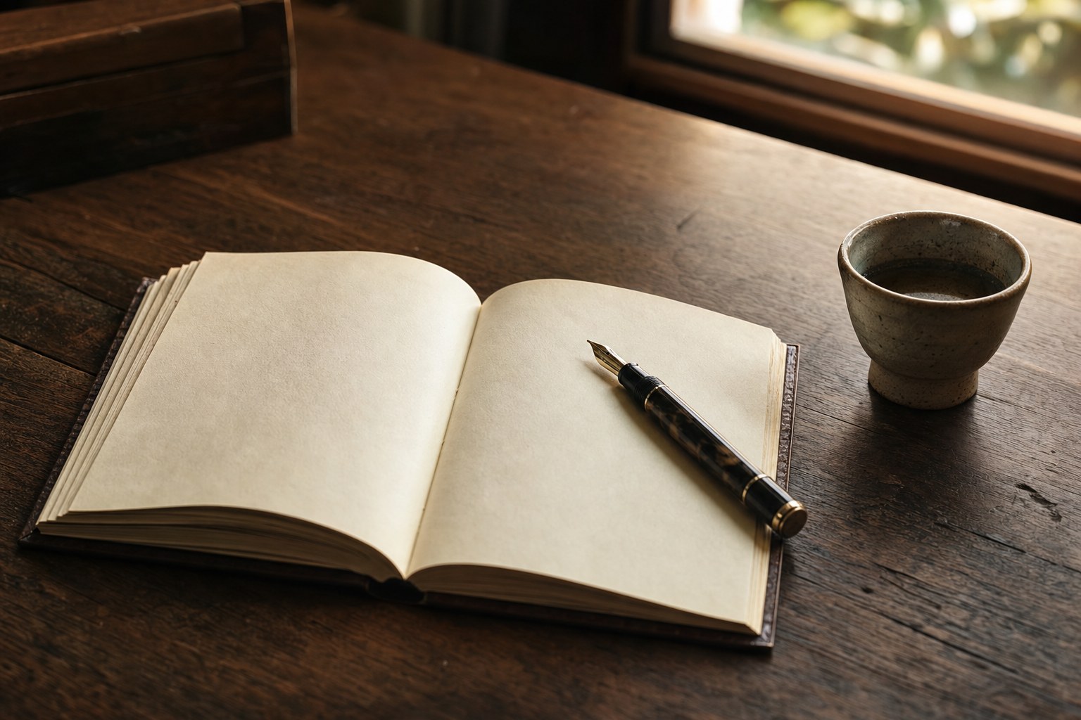 An open journal, fountain pen, and ceramic cup on a walnut table