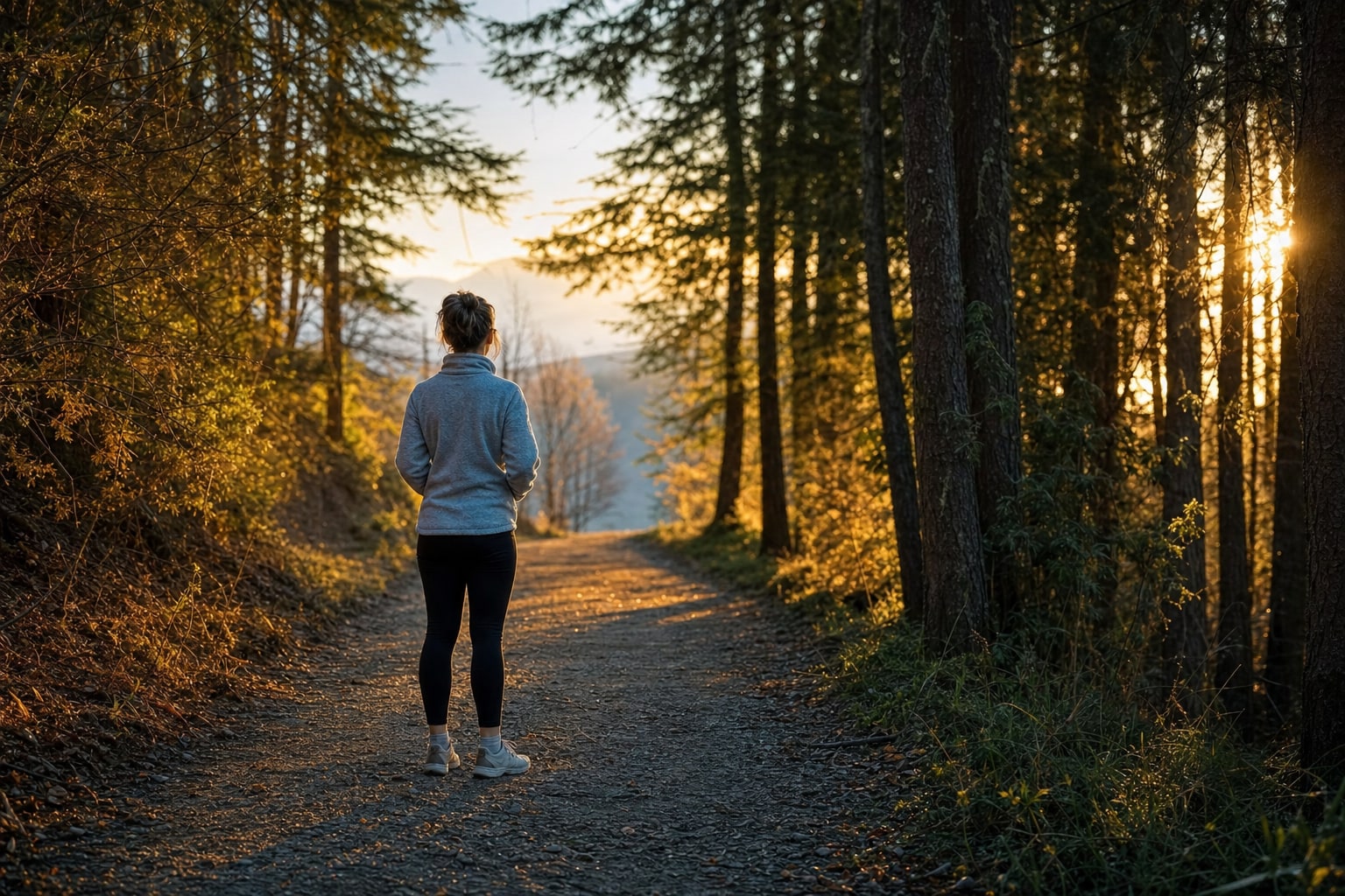 A person paused on a sunlit wooded path