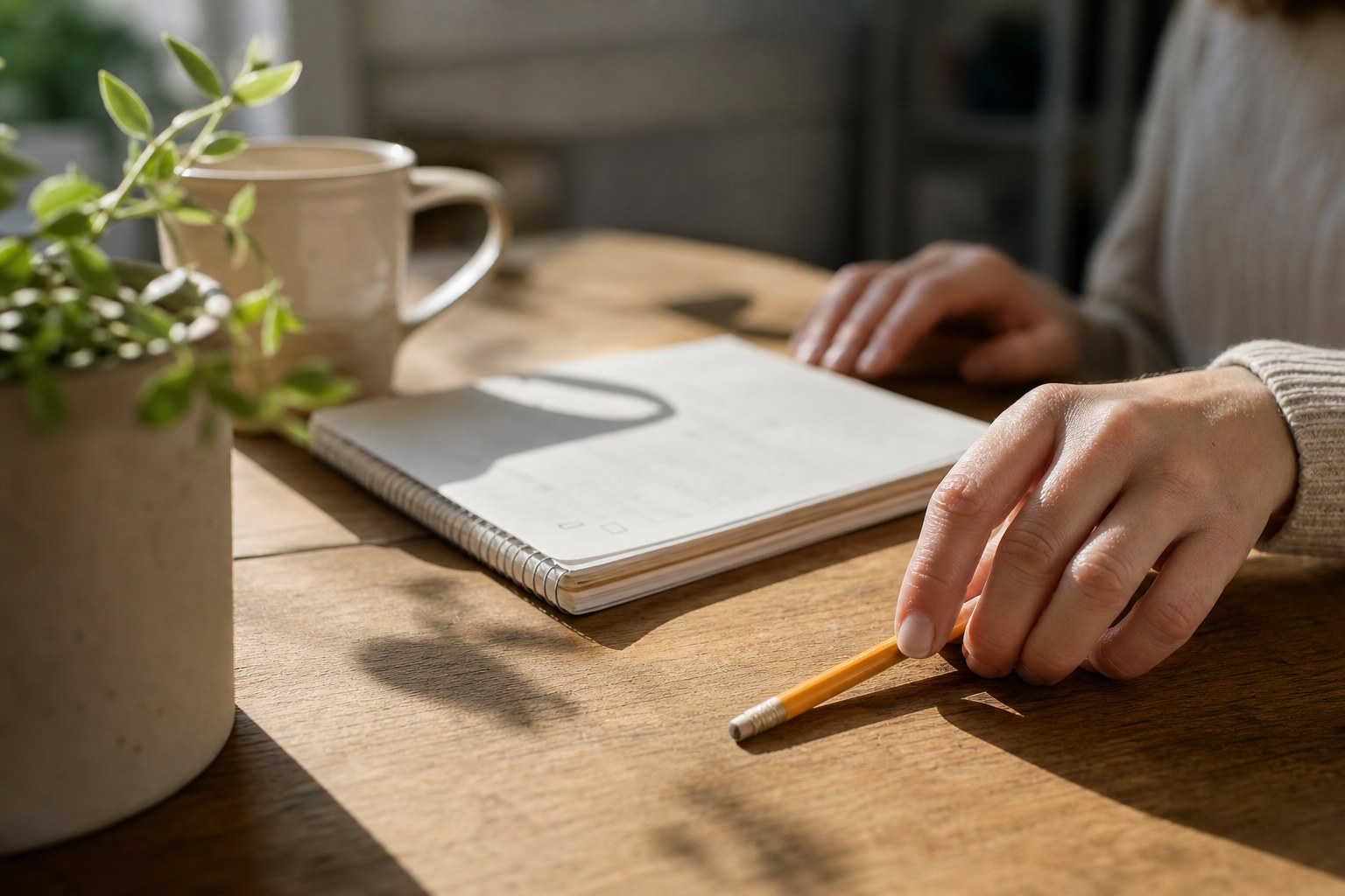 Hands resting beside a notebook and pencil on a sunlit table