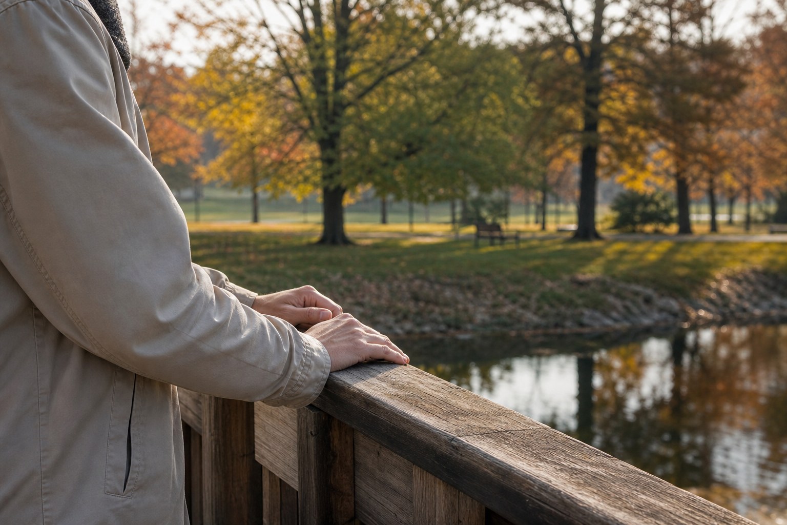 A person resting their hands on a wooden railing beside a quiet autumn park