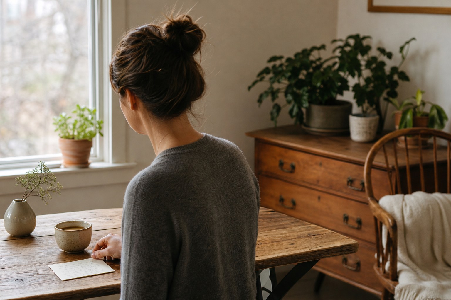 A person sitting quietly by a window with tea and a notebook
