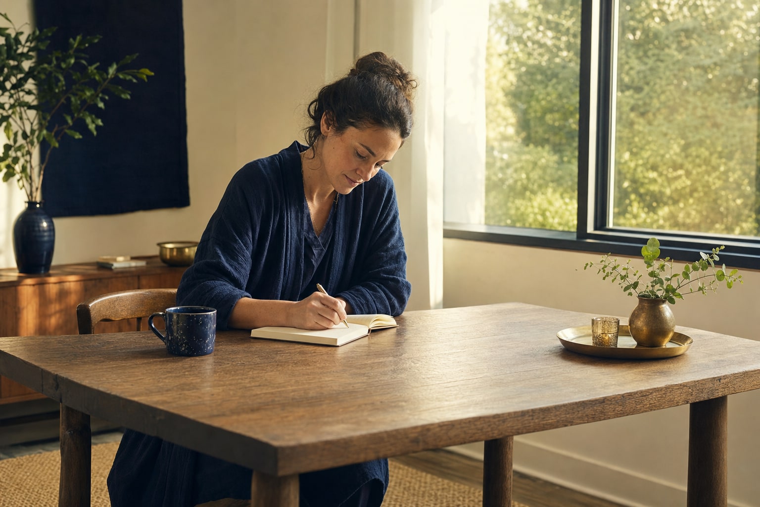 A person writing in a journal beside a sunlit window
