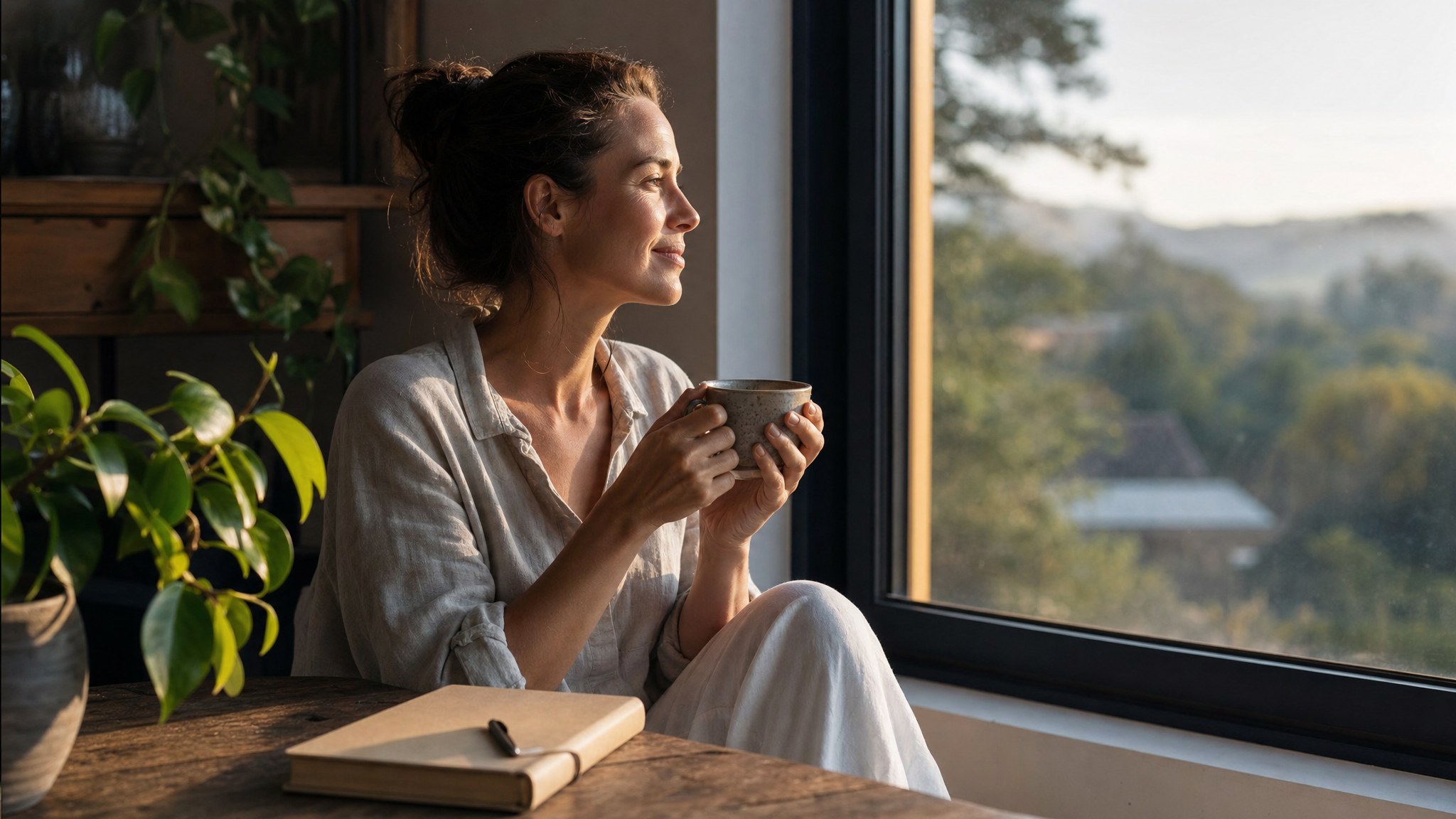 A woman sitting by a window with a warm cup of tea