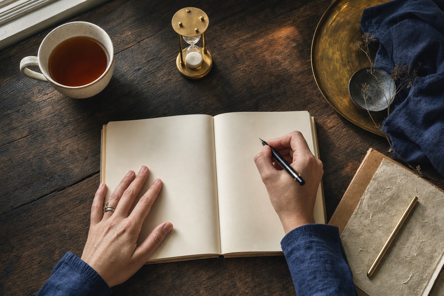 Hands writing in an open notebook beside tea and a small hourglass