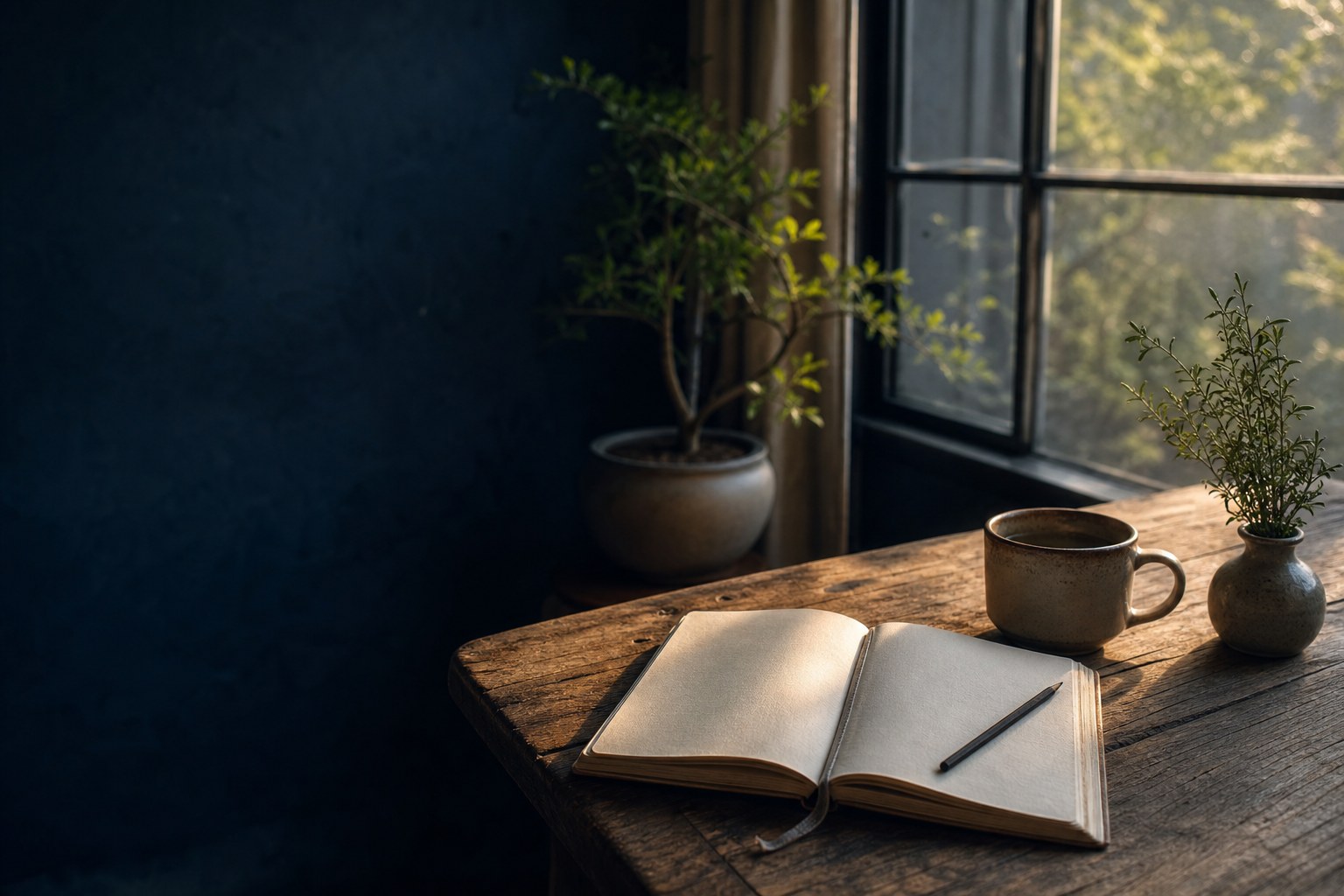 An open journal and warm mug beside a sunlit window