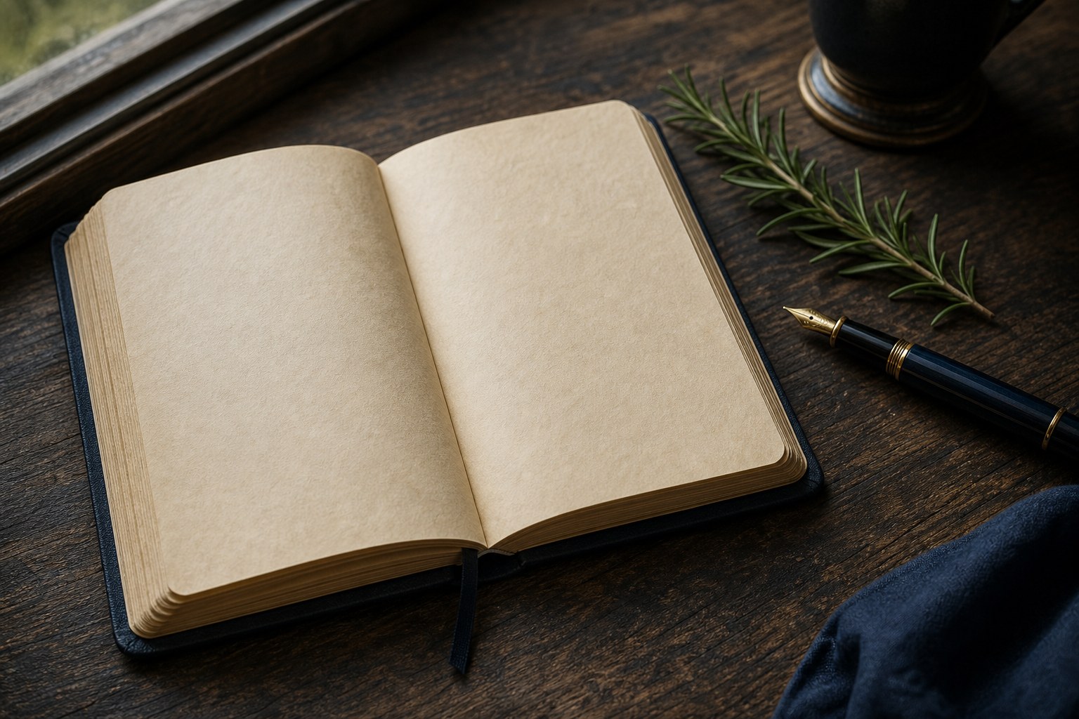 A blank journal, fountain pen, and rosemary on a dark wood table
