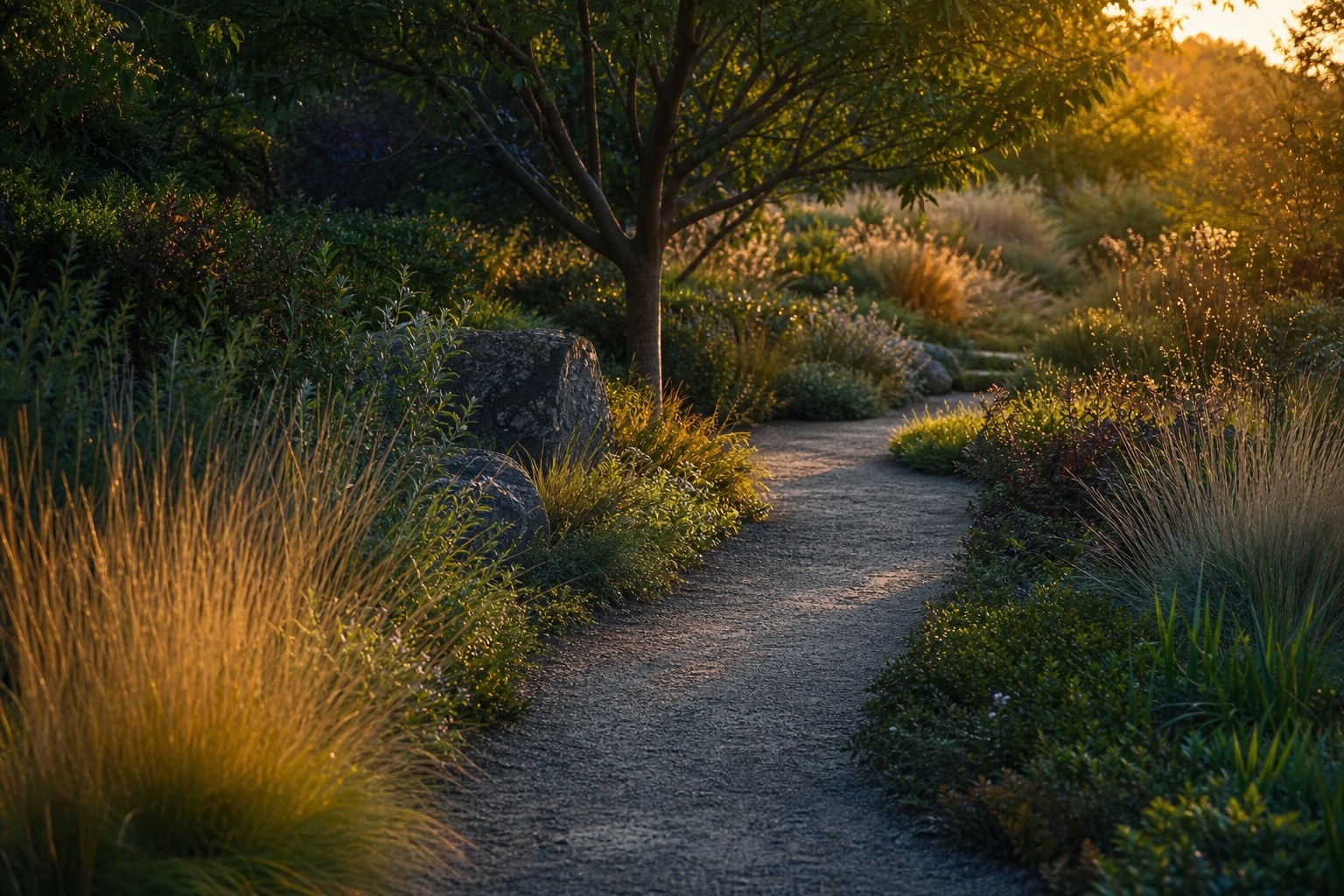 A quiet garden path curving through grasses and trees in golden evening light