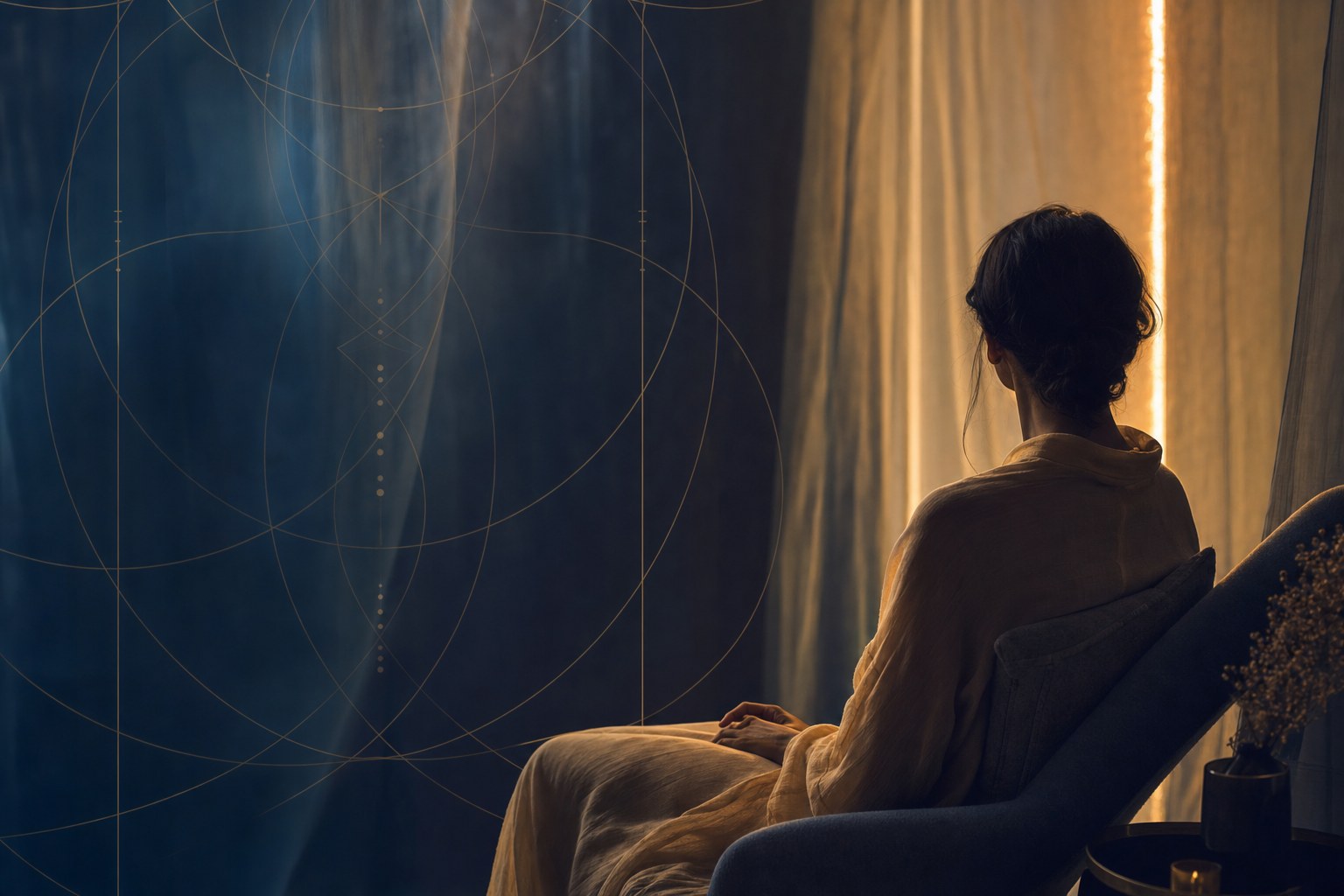 A peaceful reflective session in a softly lit indigo room