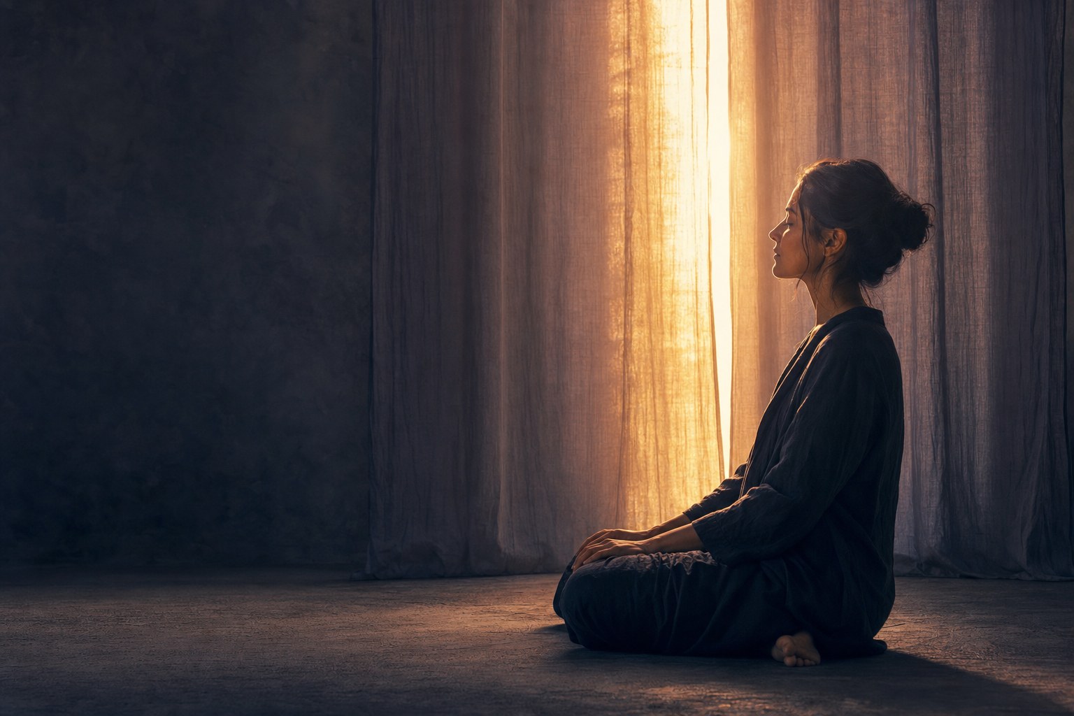 A calm person seated in profile within a column of warm light