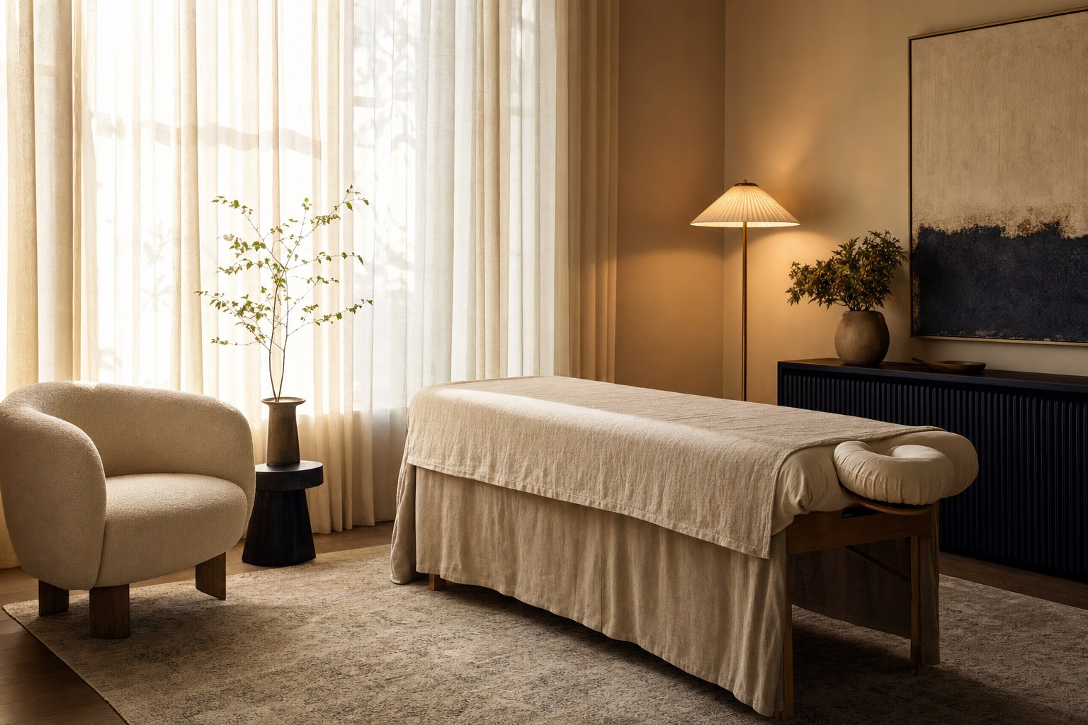 A serene wellness room with a linen-covered treatment table