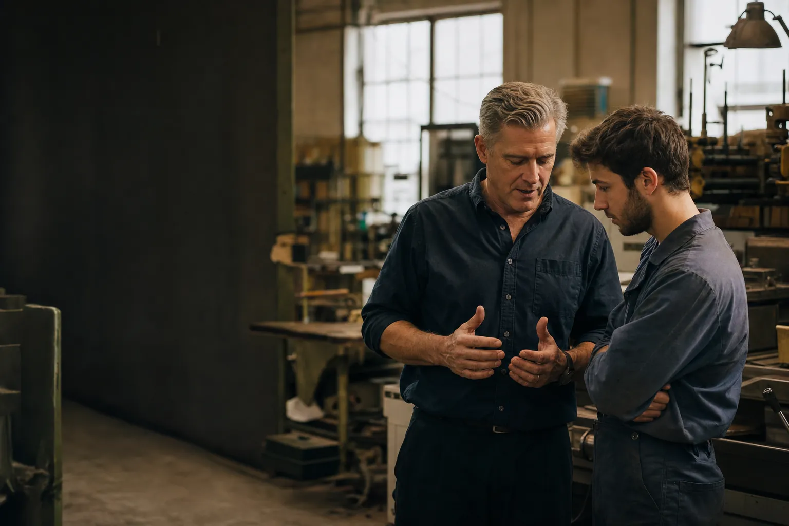 Business owner and apprentice working together in a workshop