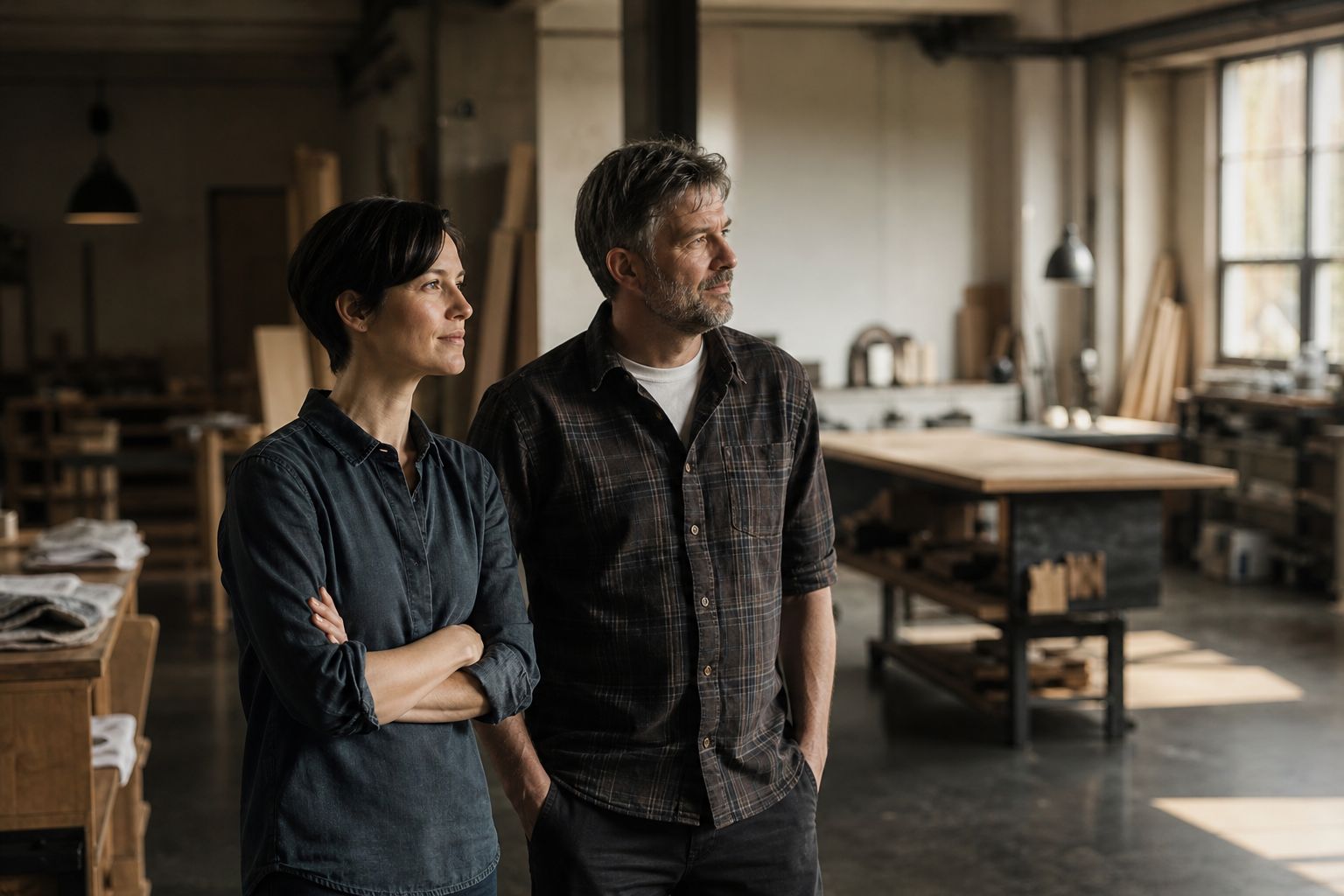Two small company leaders standing together in a workshop office looking thoughtfully across the working floor