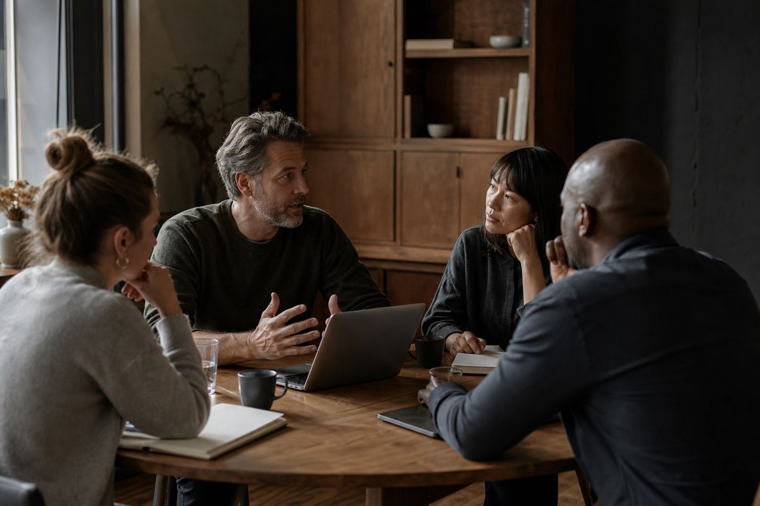 A small group of nonprofit and business colleagues talking in a modest warm meeting room