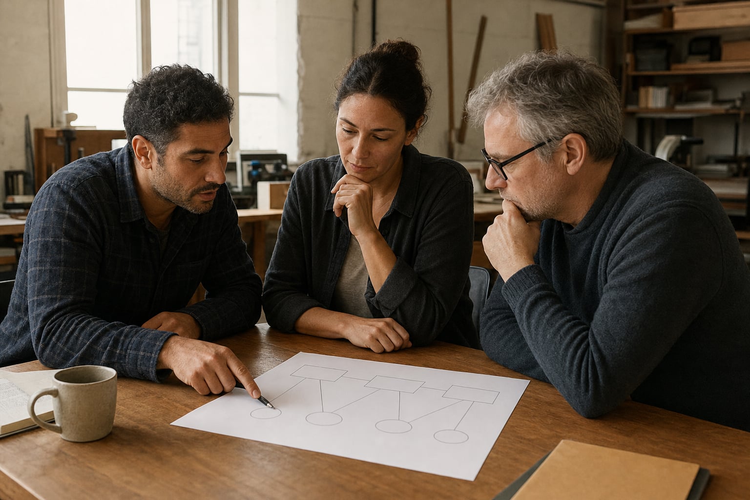 Three small-business colleagues reviewing a simple ownership diagram together at a wood table
