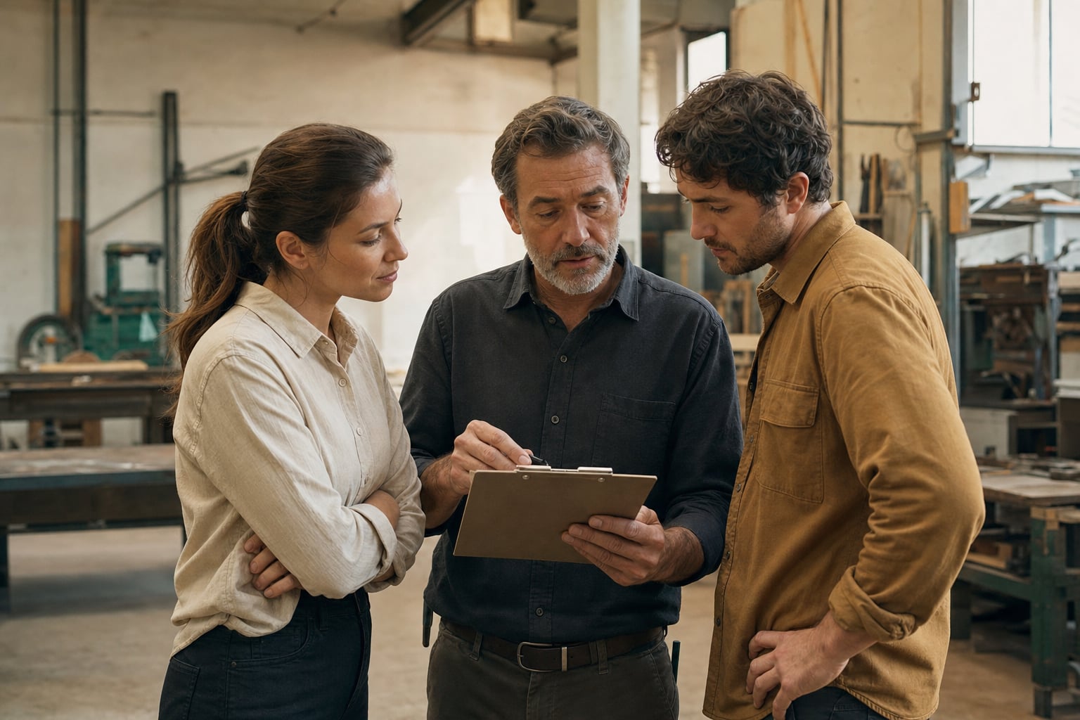 Three coworkers reviewing a company handover plan on a workshop floor