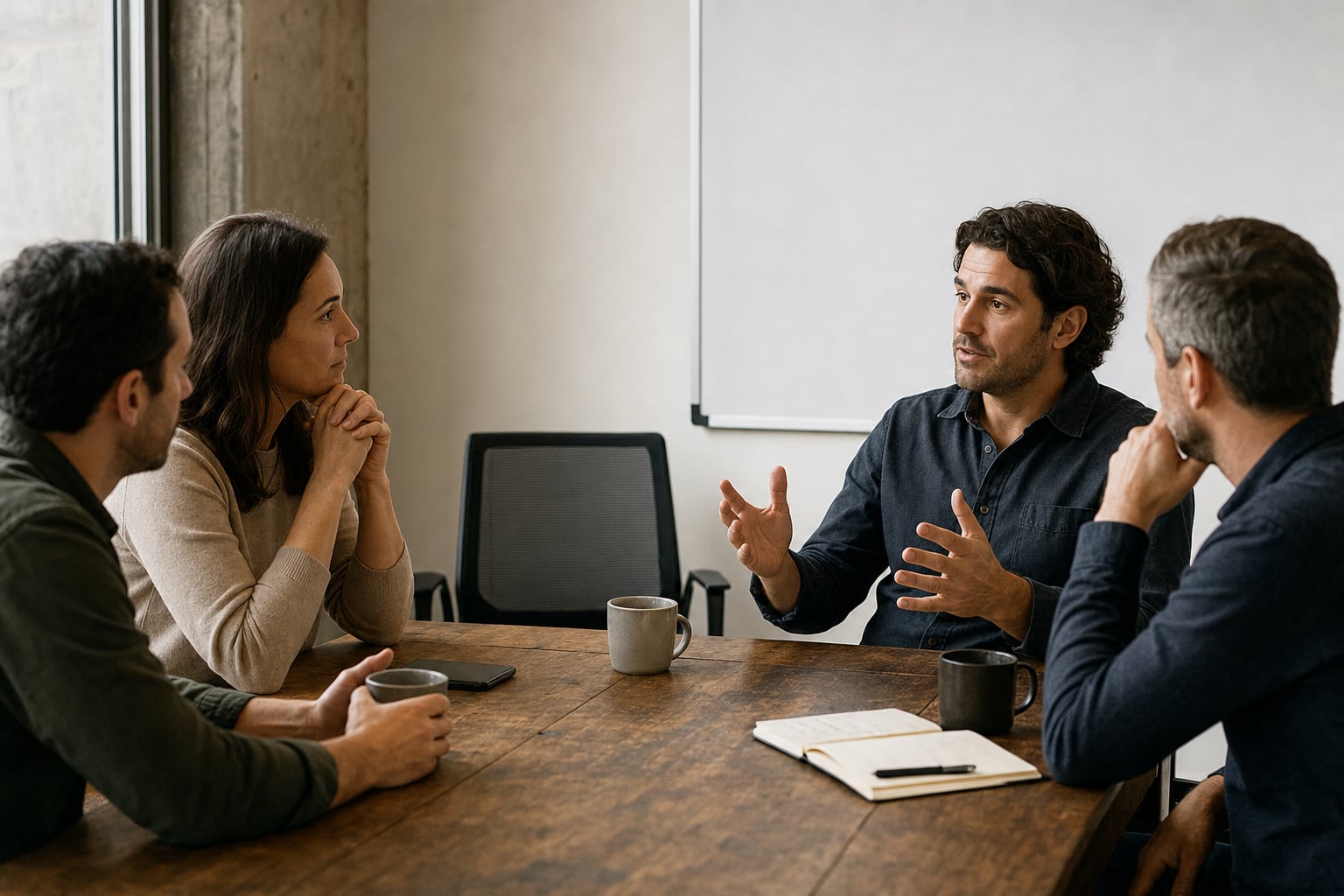 Colleagues in a practical governance conversation around a meeting table