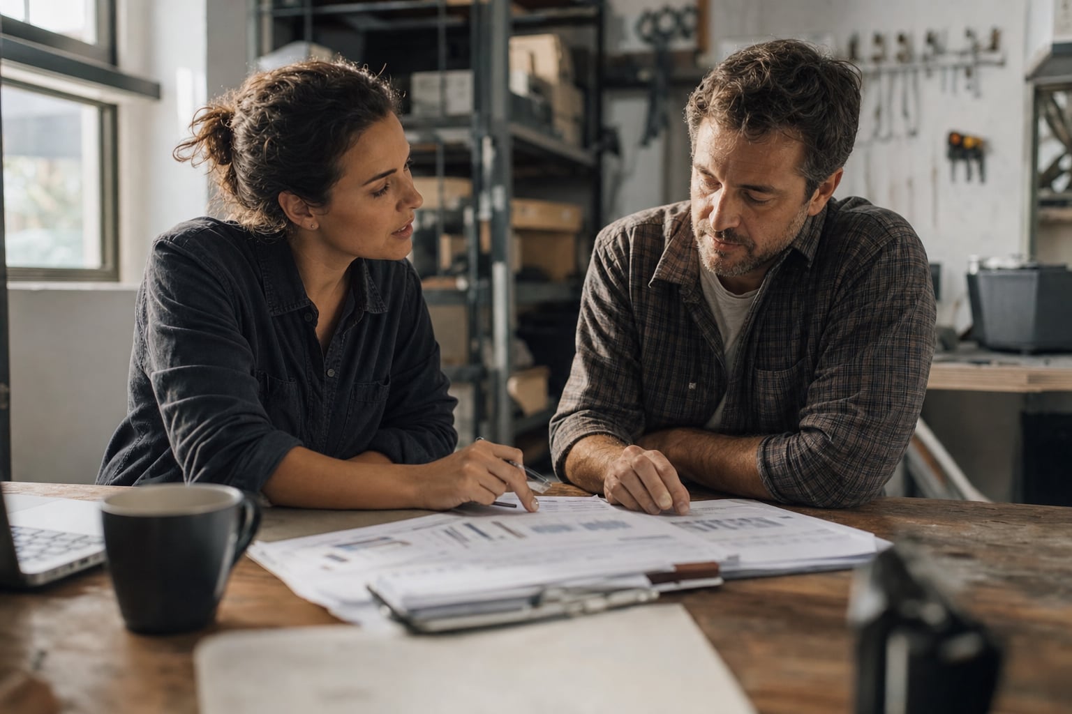 Two operations colleagues reviewing financial planning documents at a workshop table