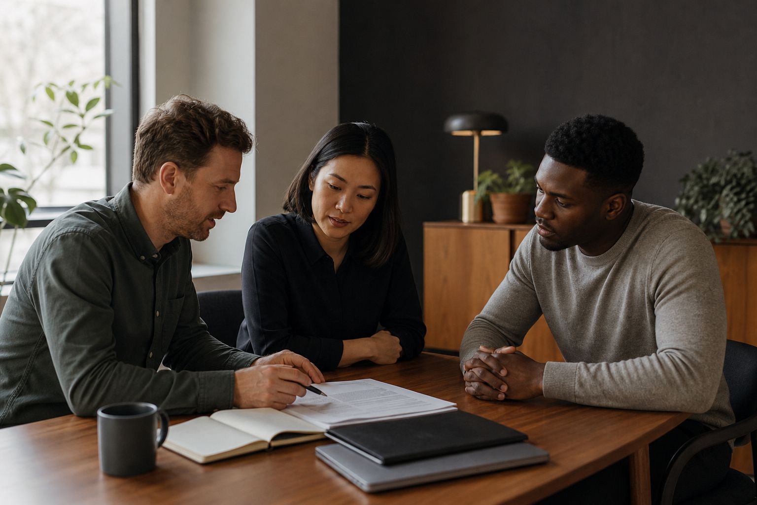 An employer manager and staffing coordinator sitting together with a newly hired colleague in a warm modest office, discussing a payroll handover