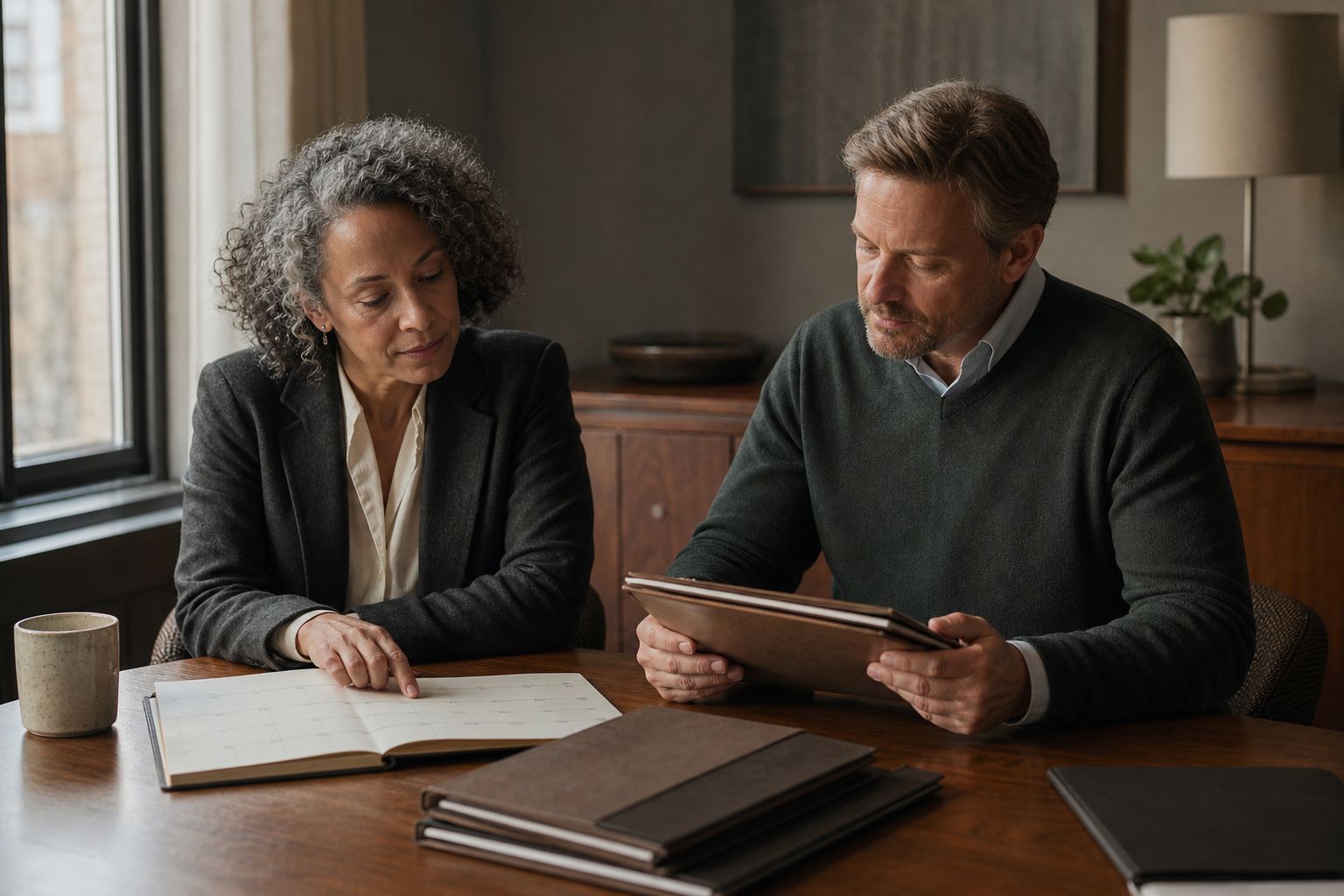 Two nonprofit board colleagues calmly reviewing a meeting calendar and closed interview folders at a table