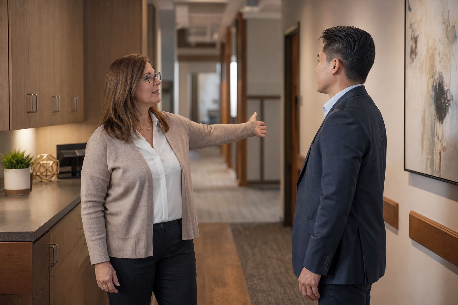 A healthcare administrator welcoming a new leader and showing a clinic office corridor