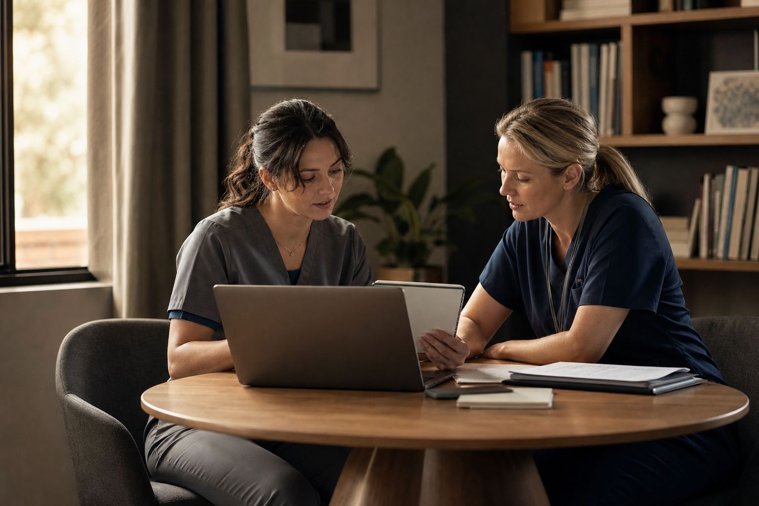 Two busy healthcare hiring colleagues comparing their schedules at a small meeting table, warm window light
