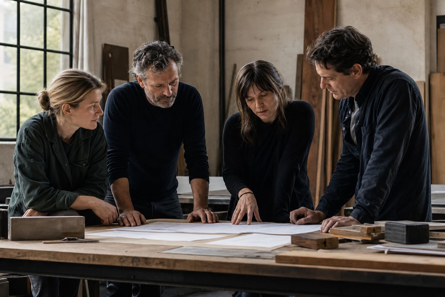A wide documentary photograph of four adults collaborating around a workshop bench, listening and considering a practical project together