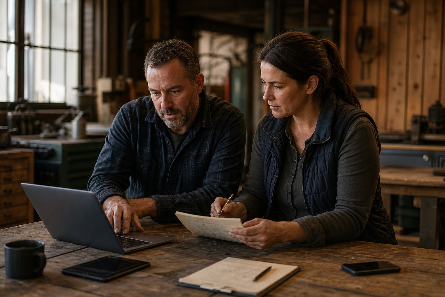 Two small business operators comparing a laptop screen with a handwritten equipment checklist at a weathered office table, workshop beyond