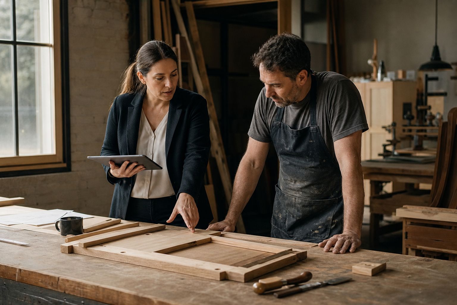 A woman operations manager and male craft worker discussing a changed assembly task beside a wooden workbench