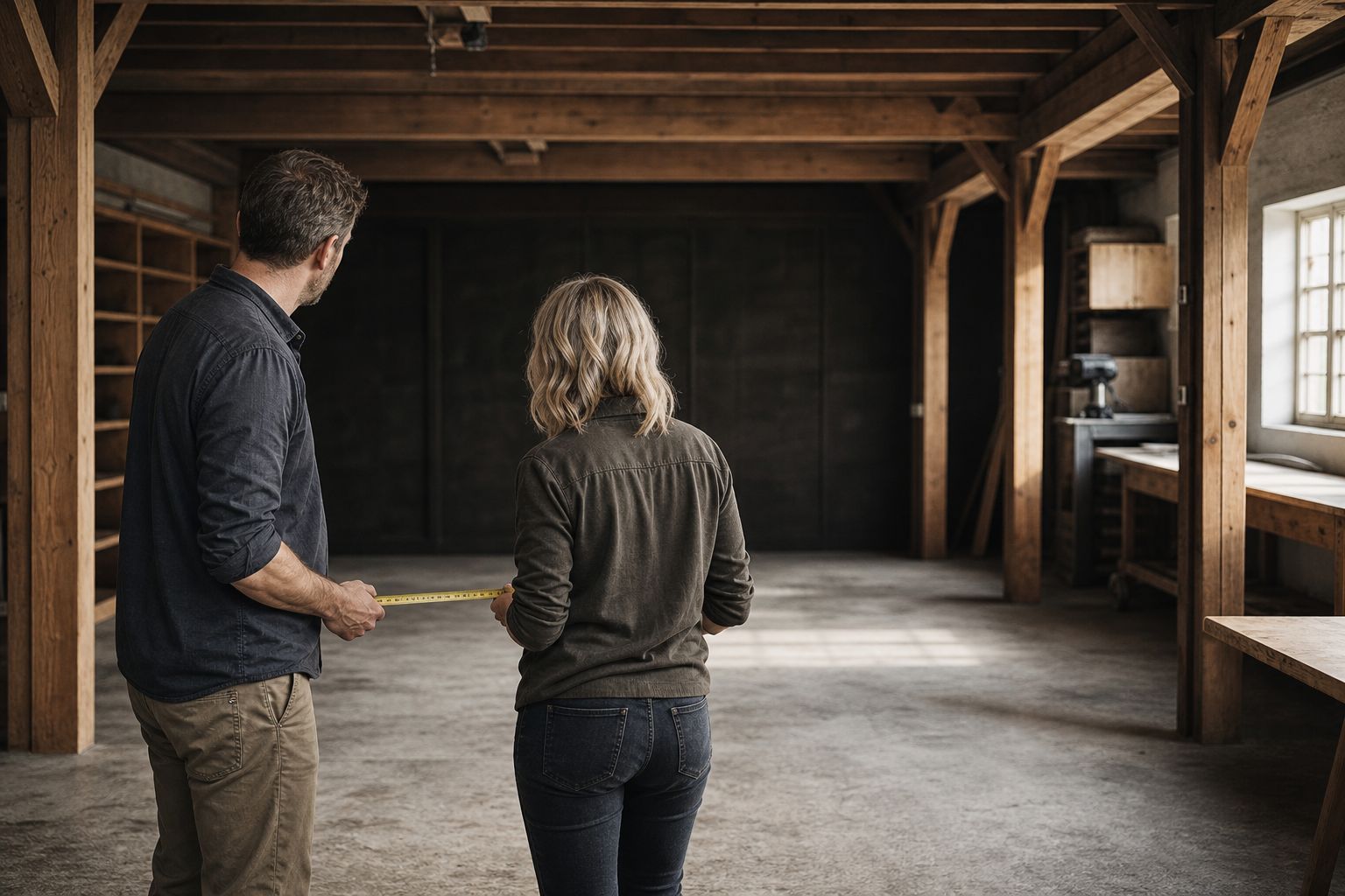 Two business owners looking across an empty additional workshop bay, considering where staff will work, measuring tape held naturally