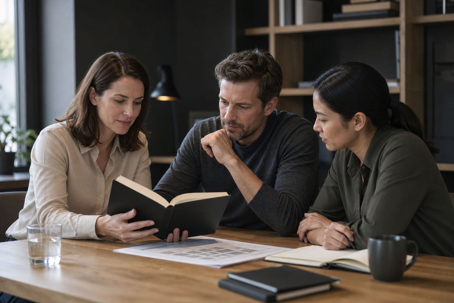 Three colleagues at a wood office table reading a plain unbranded book beside a staffing plan, thoughtful conversation