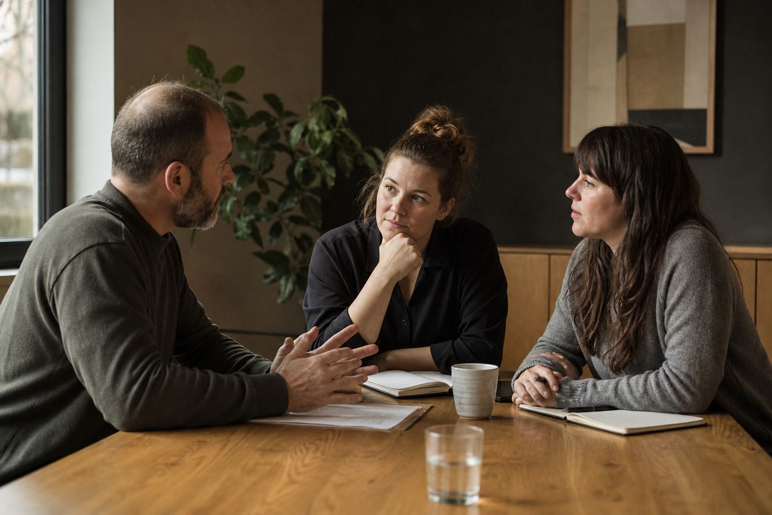 An employer and two service coordinators listening closely to one another at a simple warm wood meeting table, practical discussion about filling a vacant role. Illustrative photograph.