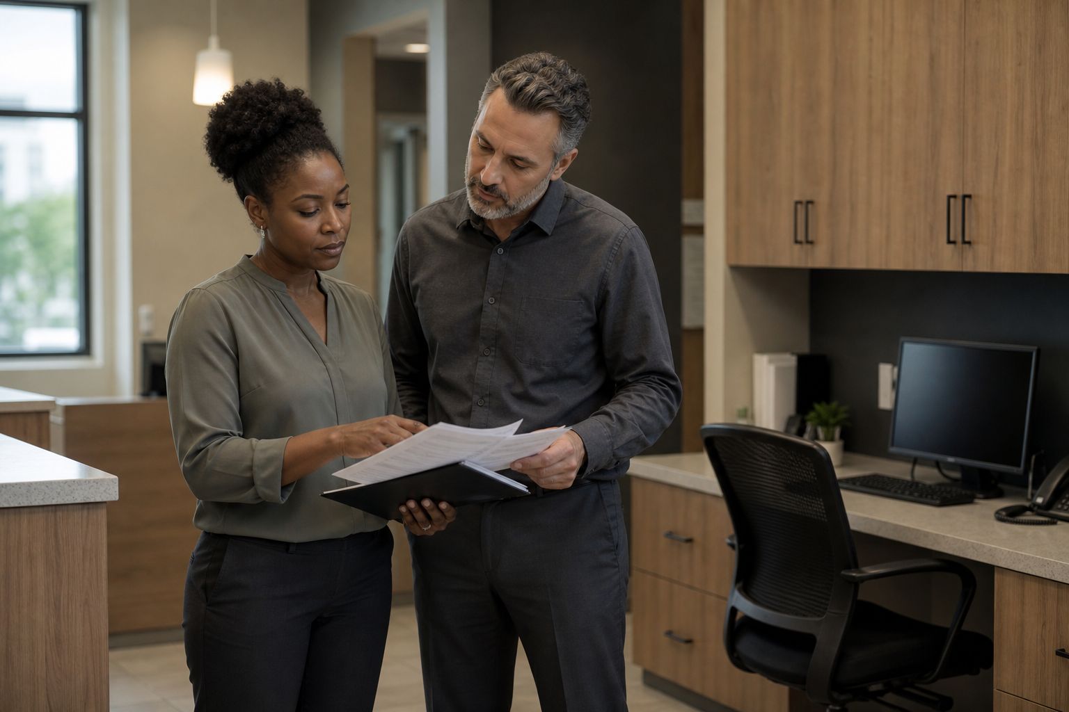 A healthcare employer and staffing coordinator reviewing work readiness beside an empty clean clinic administrative workstation, two professionals working together, no patients and no emblems. Illustrative photograph.