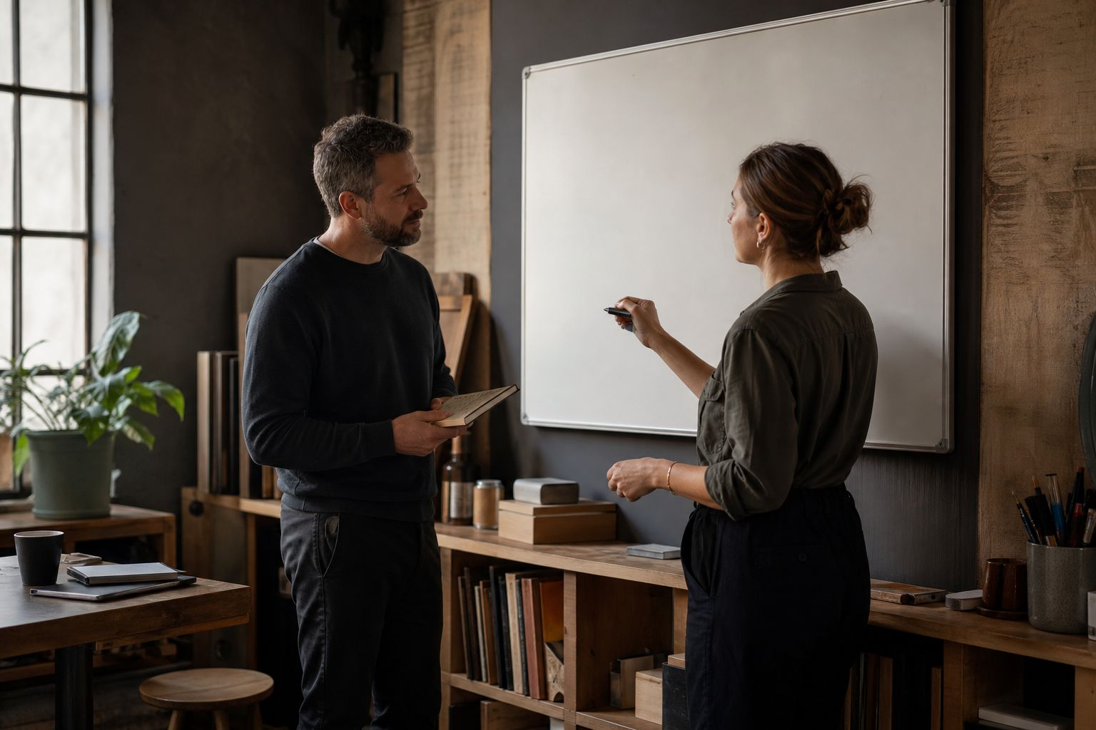 Two business colleagues discussing a blank whiteboard in a modest workshop office, one holding an unbranded old notebook, contemporary illustrative planning scene not a historical reenactment. Illustrative photograph.