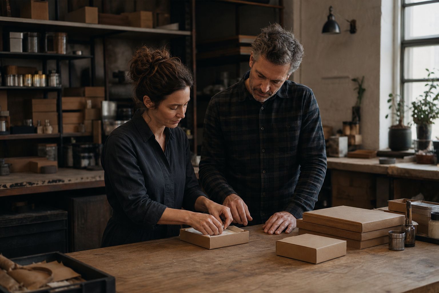 A small company owner and production supervisor inspecting a small batch of packed goods together at a workshop worktable. Illustrative photograph.