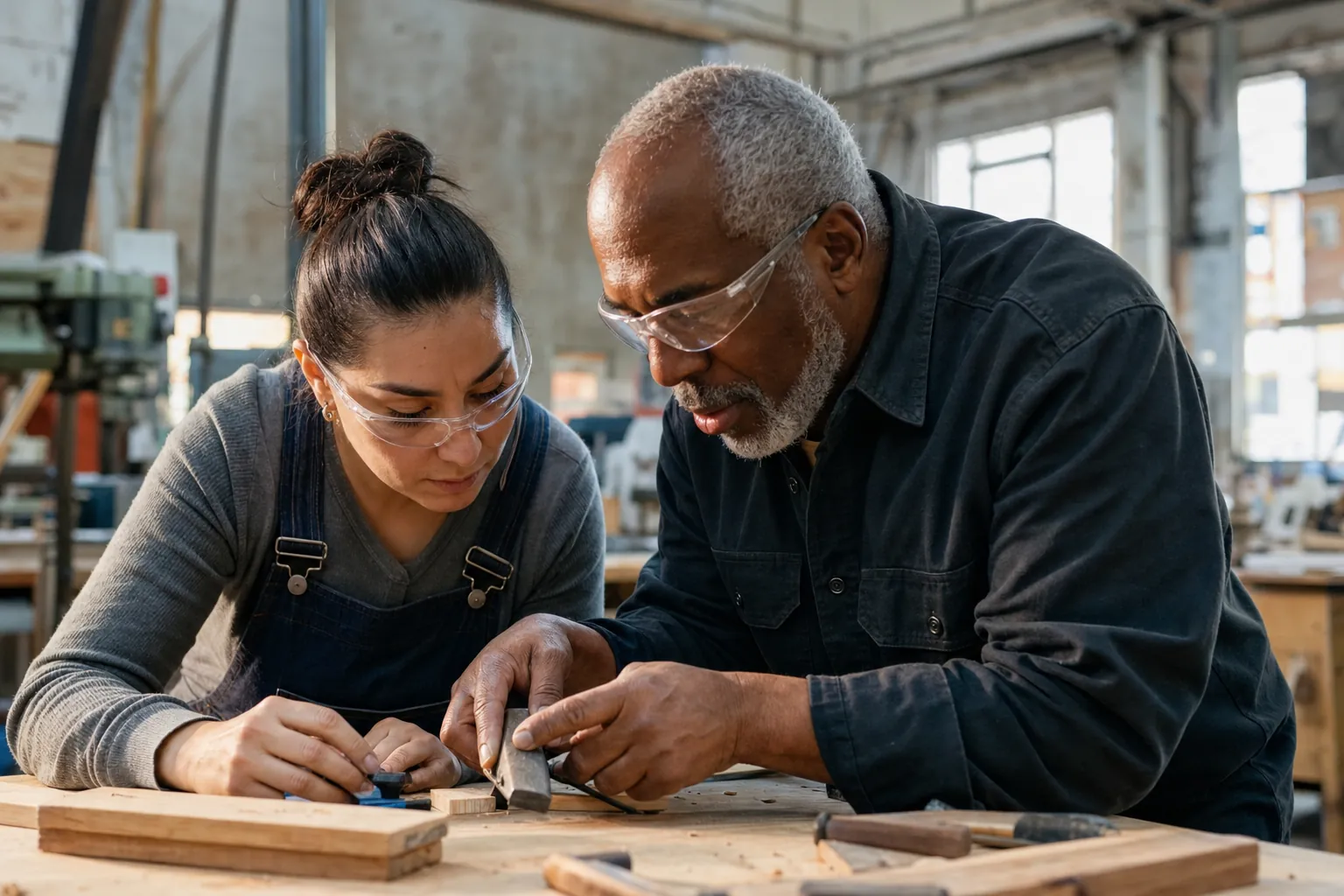 Apprentice and mentor learning a skilled task in a workshop