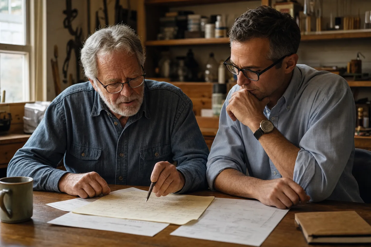 Two people reviewing documents together in a workshop